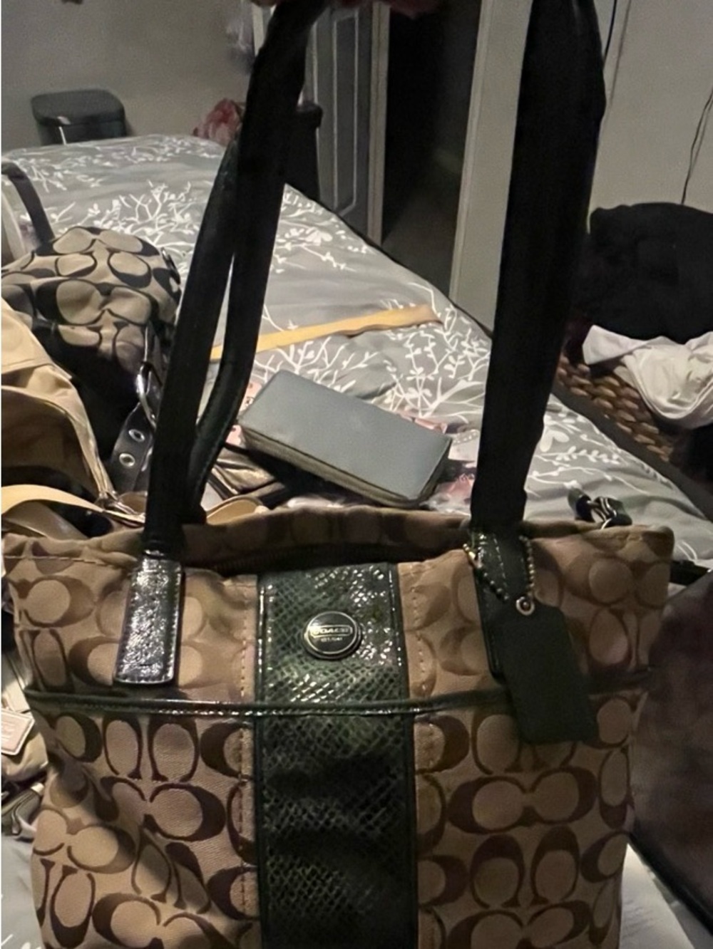 Coach Signature Canvas Shoulder Bag with Green Snake Skin Trim leather - Picture 1 of 10